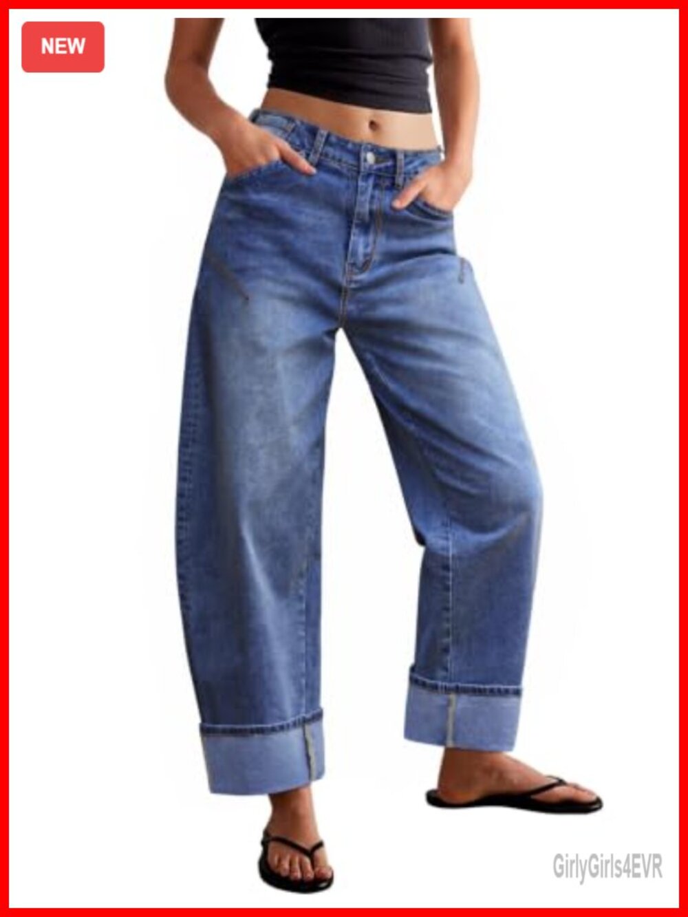Womens Barrel Jeans Wide Leg Cuffed Baggy Denim Pants